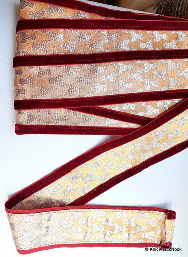 Gold Trim With Maroon Velvet Border Piping, Approx. 60 mm wide